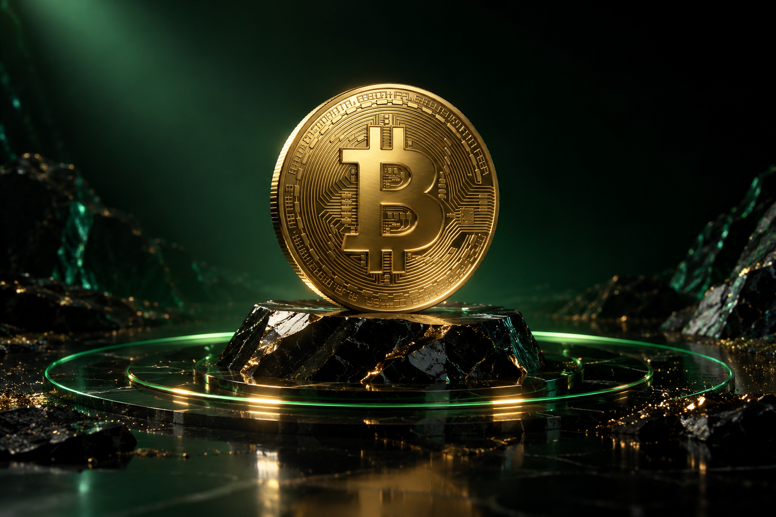 Gold Bitcoin on emerald-lit obsidian