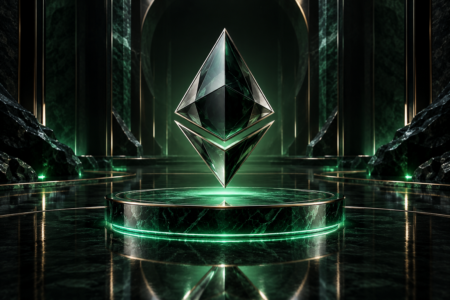 Glass Ethereum sculpture in a marble gallery